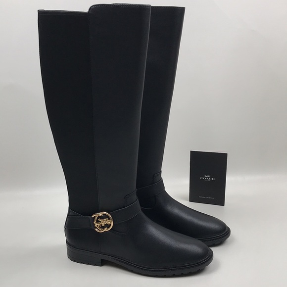 COACH Farrah Black Leather Tall Riding Boots Logo Buckle NEW NWOB - Picture 2 of 16